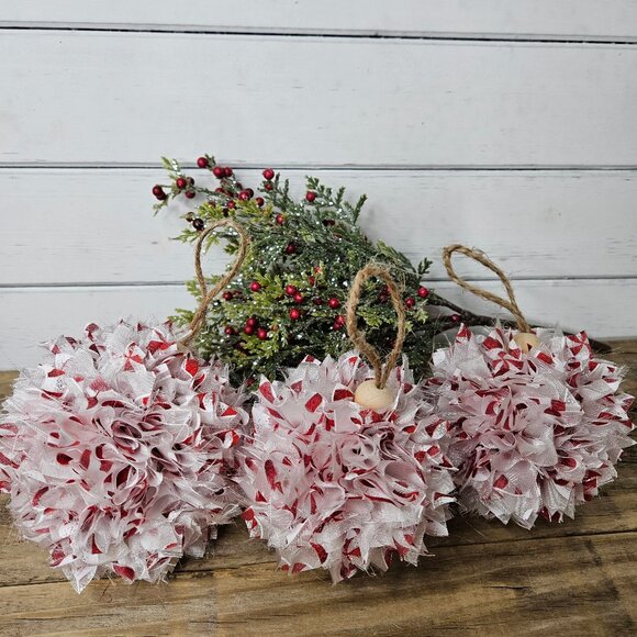 Hand Crafted Boho Shabby Chic Rag Red White Tree Ornaments Set of 3 - Picture 1 of 6